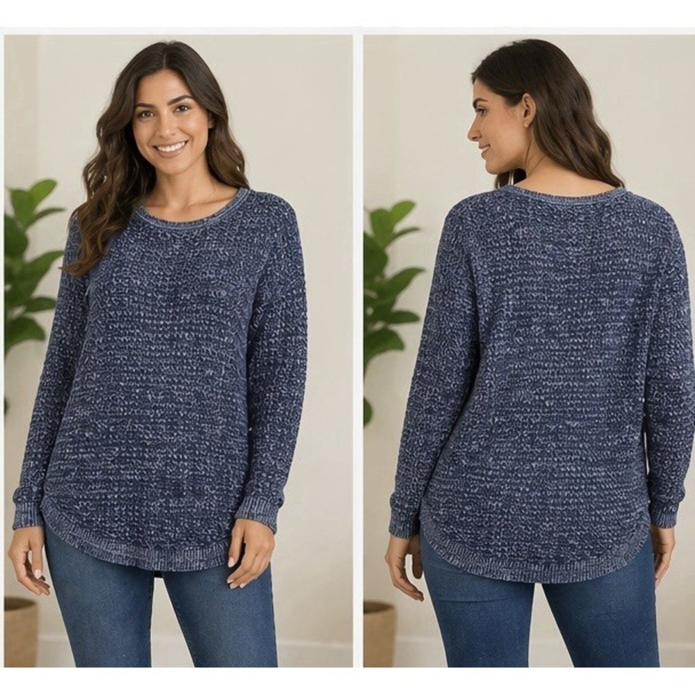 Jeanne Pierre Blue Marled Cotton Knit Sweater Large Raglan Curved Hem minimalist